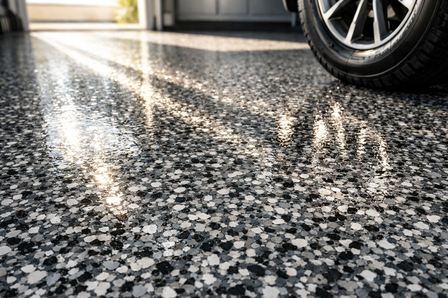 Polymer flake flooring Madison MS garage with gray and white decorative chips