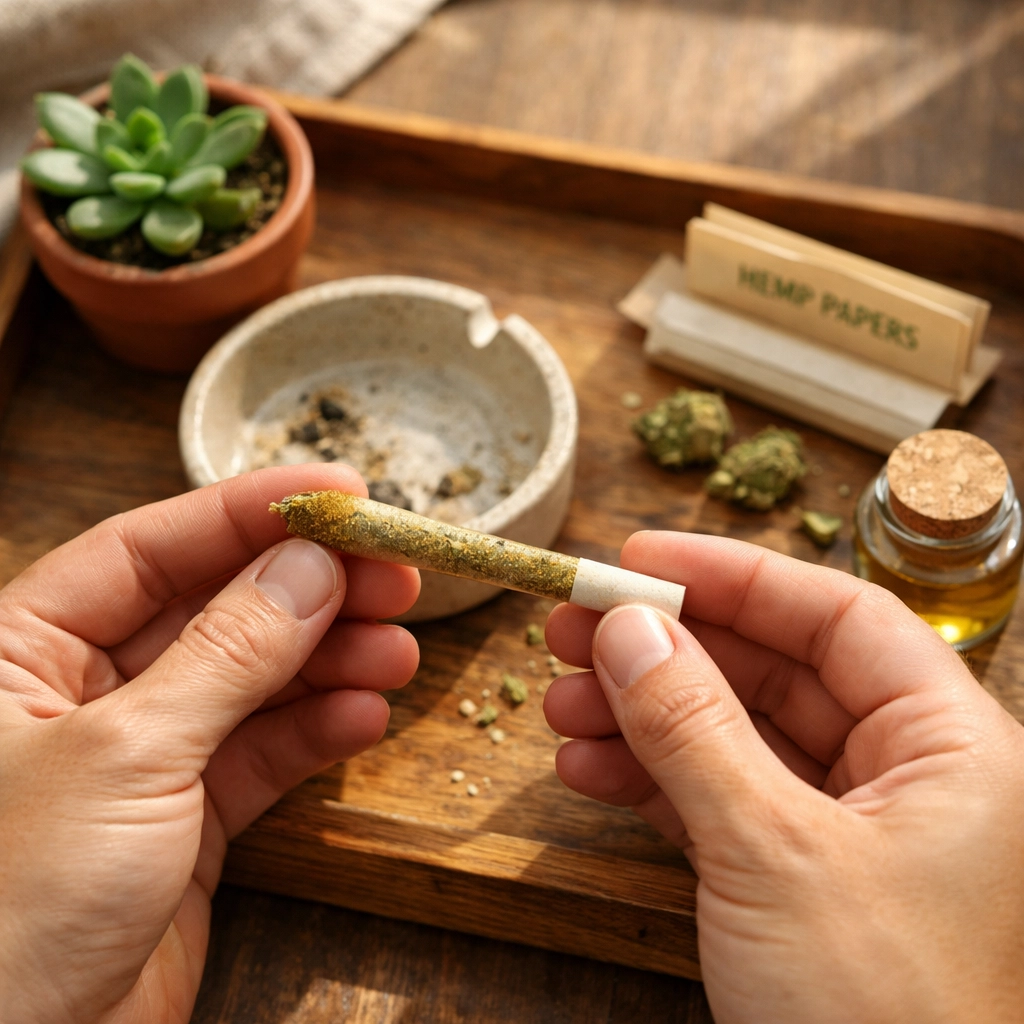 Hands holding premium infused pre-roll over wooden tray with natural hemp rolling papers