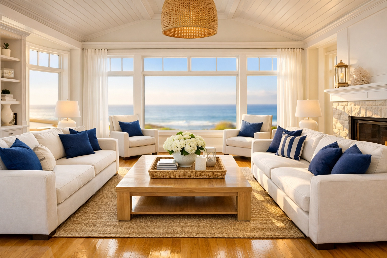 Pristine Woods Hole living room with coastal views showing the results of professional weekly house cleaning.