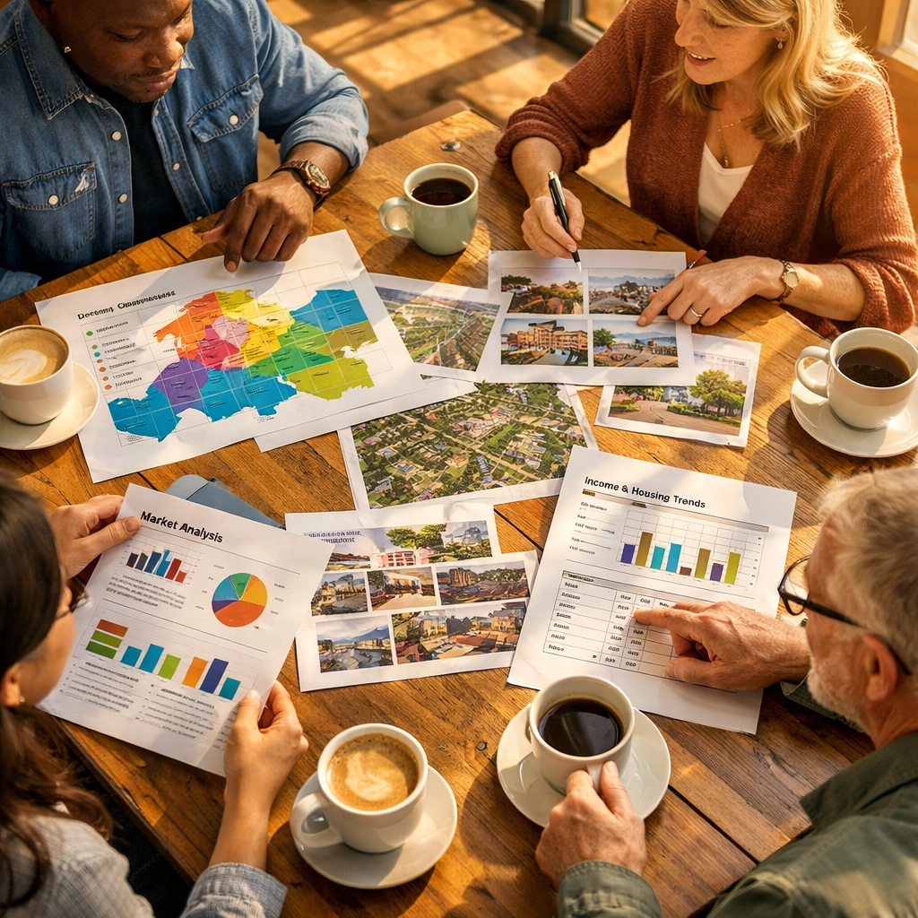 Coffee shop owners conducting market research with maps and documents at planning meeting