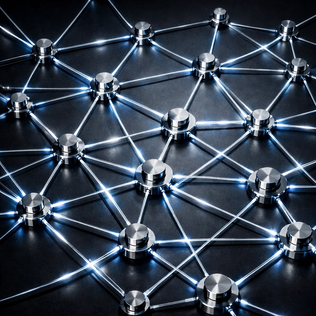 Complex network security infrastructure with interconnected nodes and threat detection systems