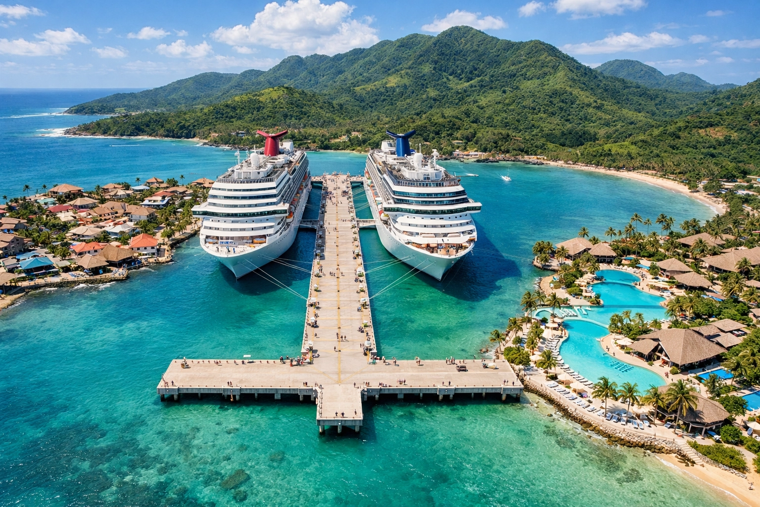 Aerial view of Amber Cove cruise port with ships docked at the pier in the Dominican Republic.