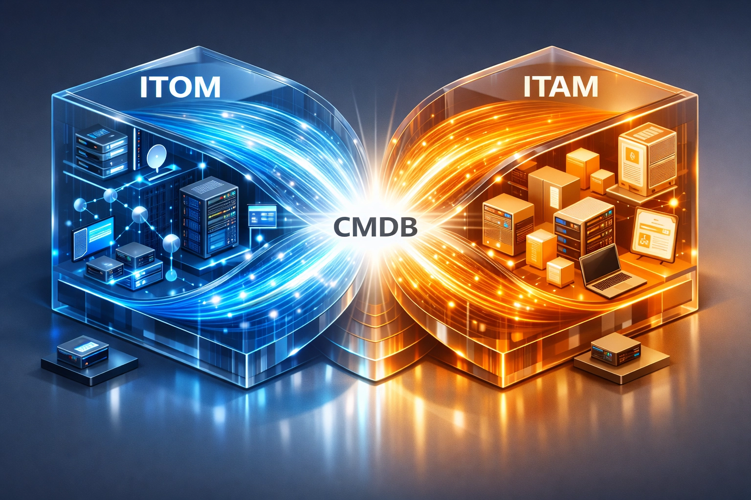 Integrated ServiceNow ITOM and ITAM ecosystem with CMDB connecting operational and asset data