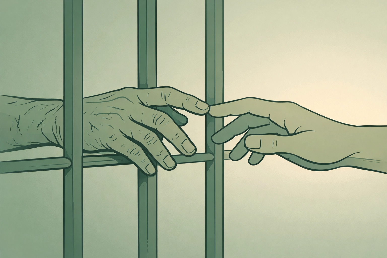 Hands reaching through prison bars - gay romance and connection despite barriers
