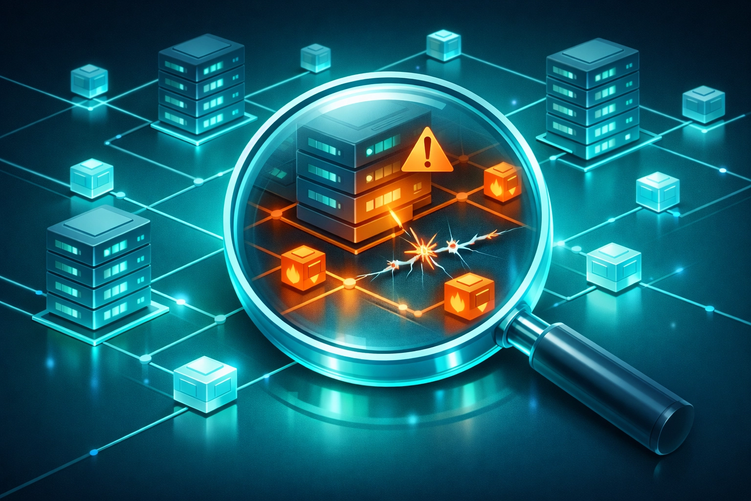 A magnifying glass inspecting a digital network to identify hidden security risks and broken links.