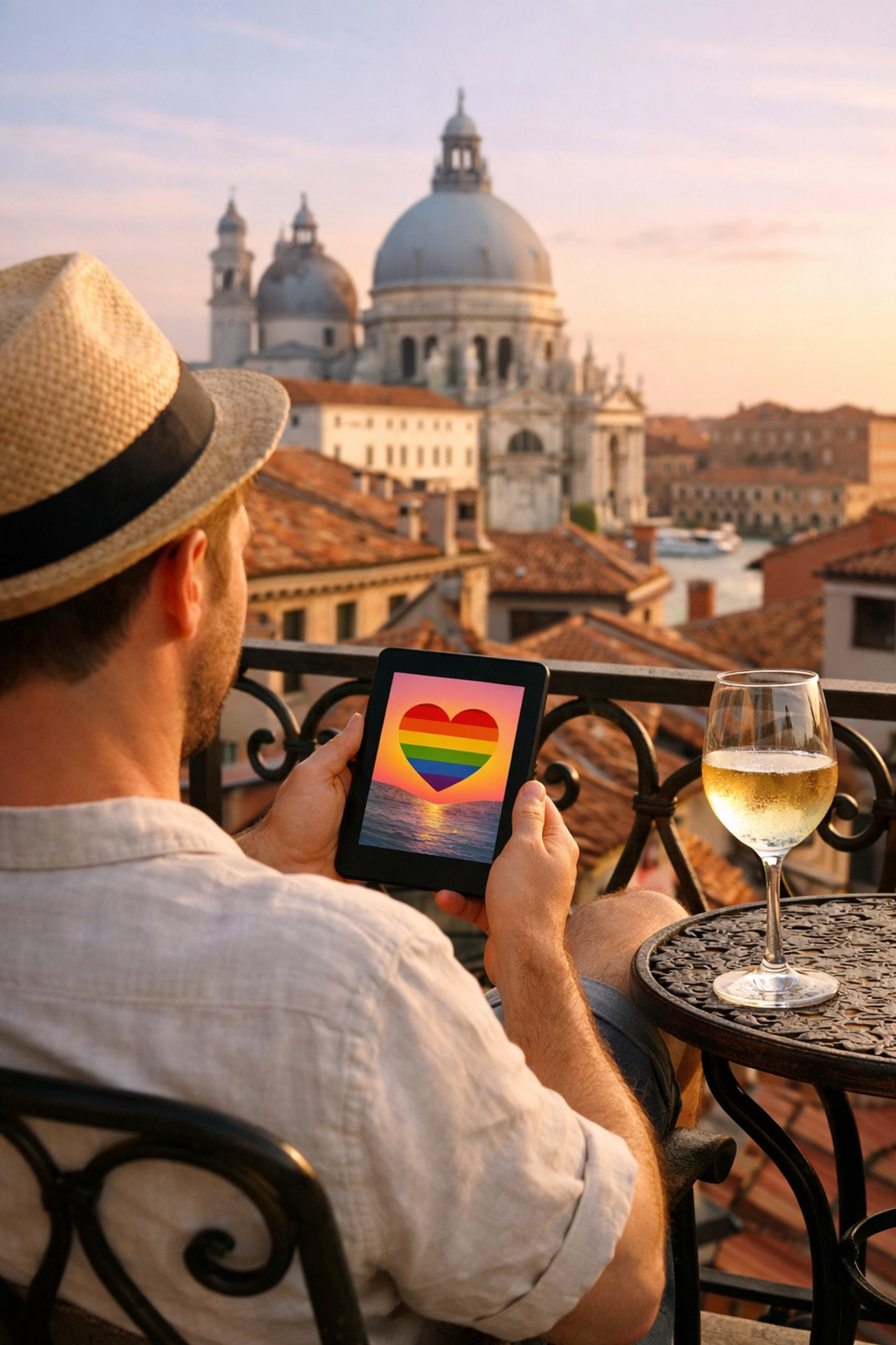 A man enjoys an LGBTQ+ ebook on a sunny Venice balcony, perfect for fans of gay contemporary romance novels.