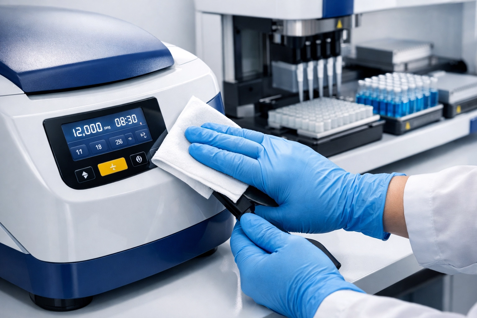 Technician cleaning high-end laboratory centrifuge equipment with specialized sanitizing tools.