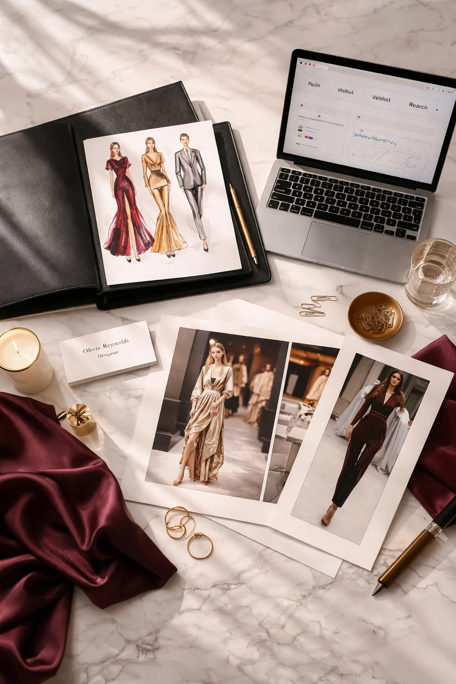 Emerging designer application materials including portfolios, lookbooks, and digital analytics on a marble desk