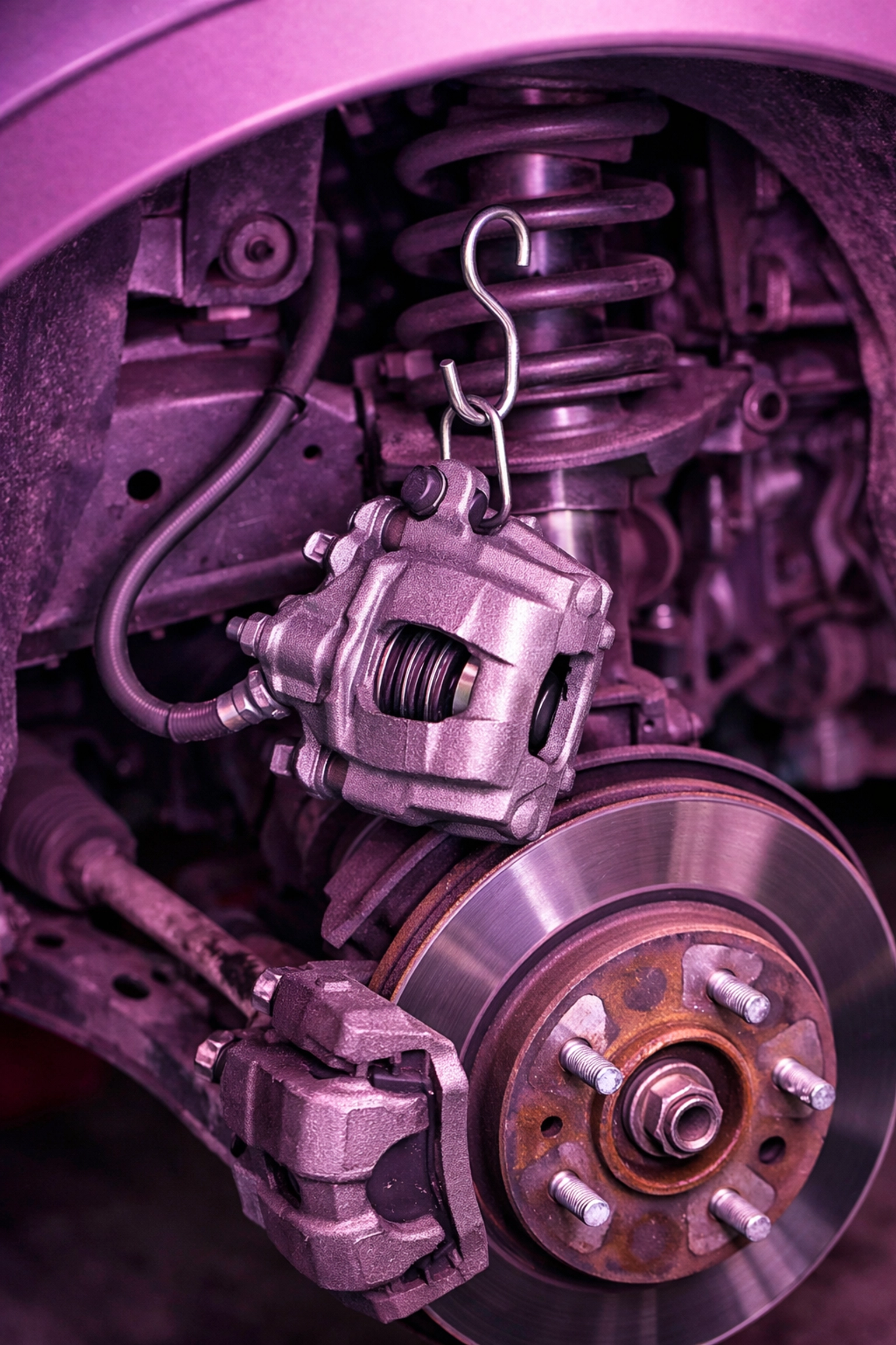 ASE-certified mechanic properly securing a brake caliper with an S-hook during service.