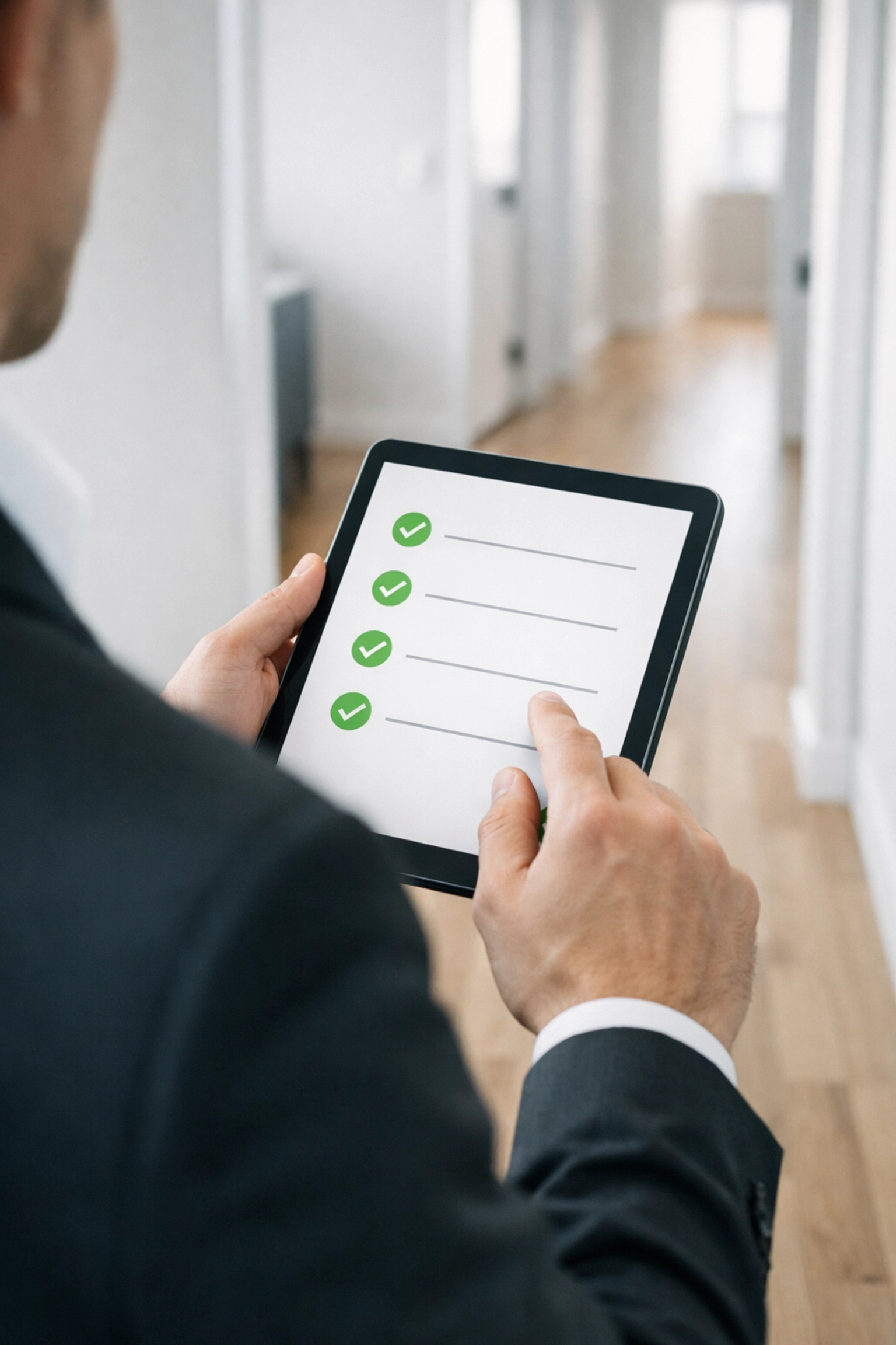 Property manager using a digital move-out cleaning checklist on a tablet in a clean apartment hallway.