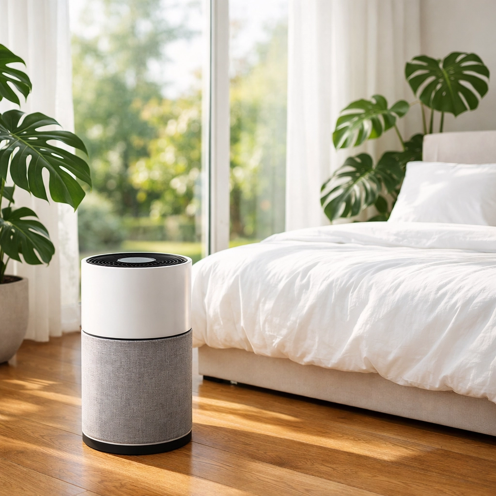 Sleek modern air purifier in a bright minimalist bedroom for improved indoor air quality and allergy relief.