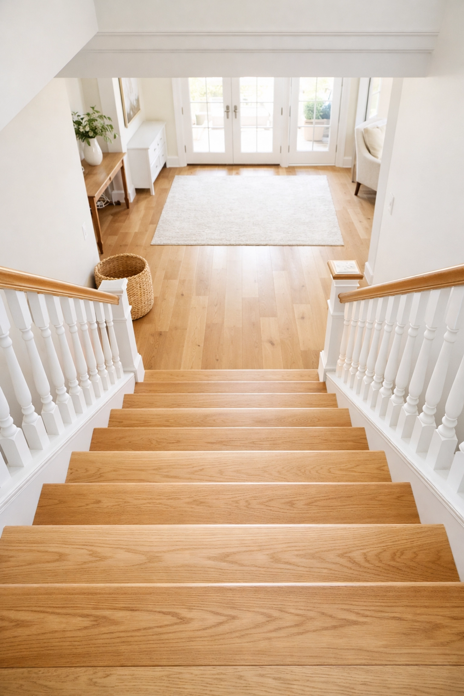 A clean, clutter-free wooden staircase with a storage basket kept safely on the floor landing.