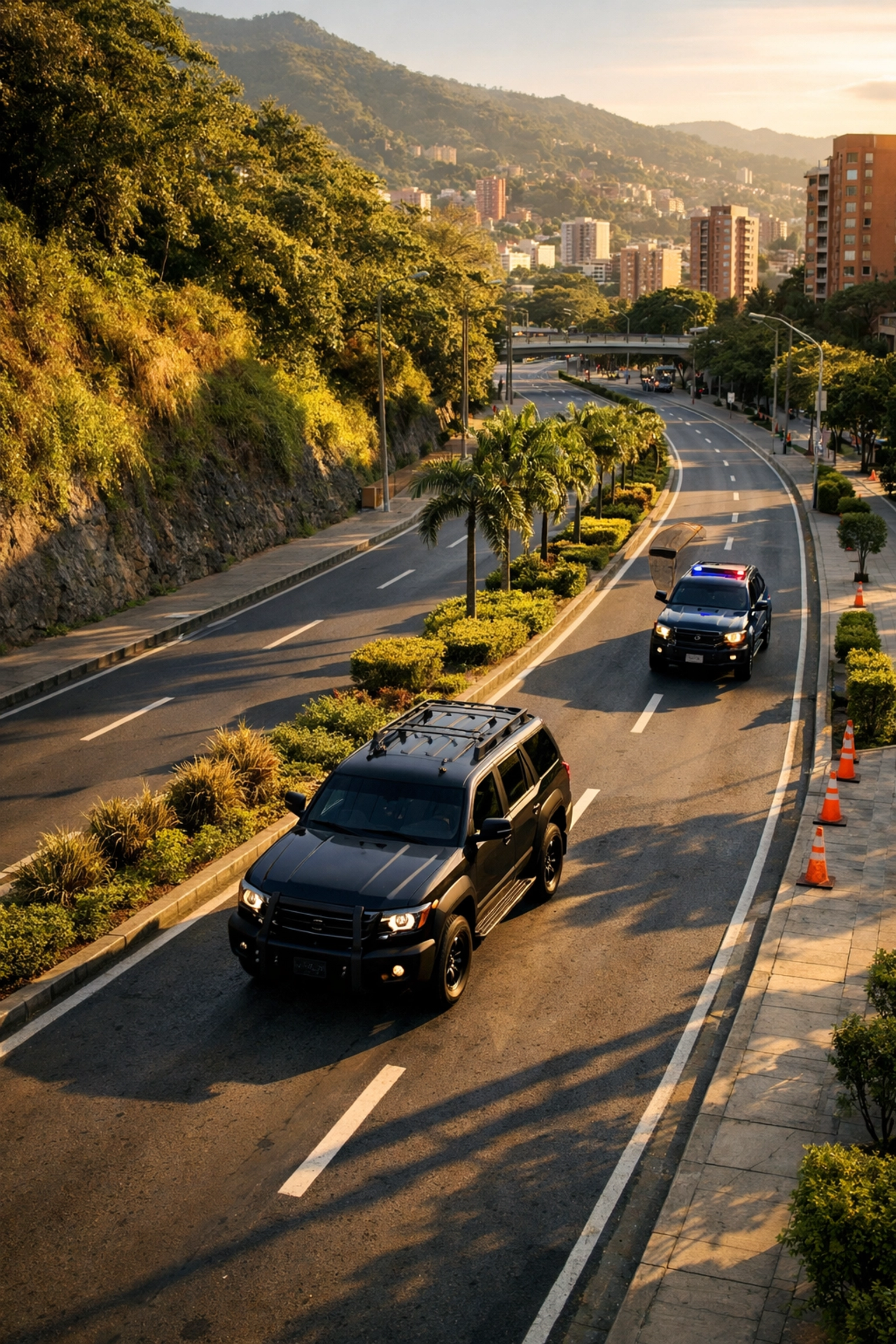 Armored vehicle convoy providing VIP protection through Medellin streets