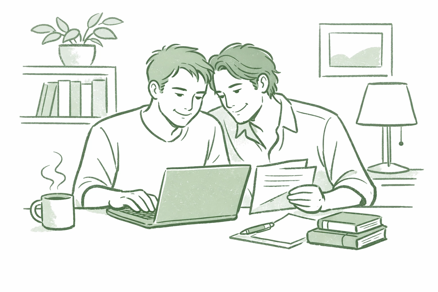 Gay romance authors collaborating on independent publishing strategy at home office