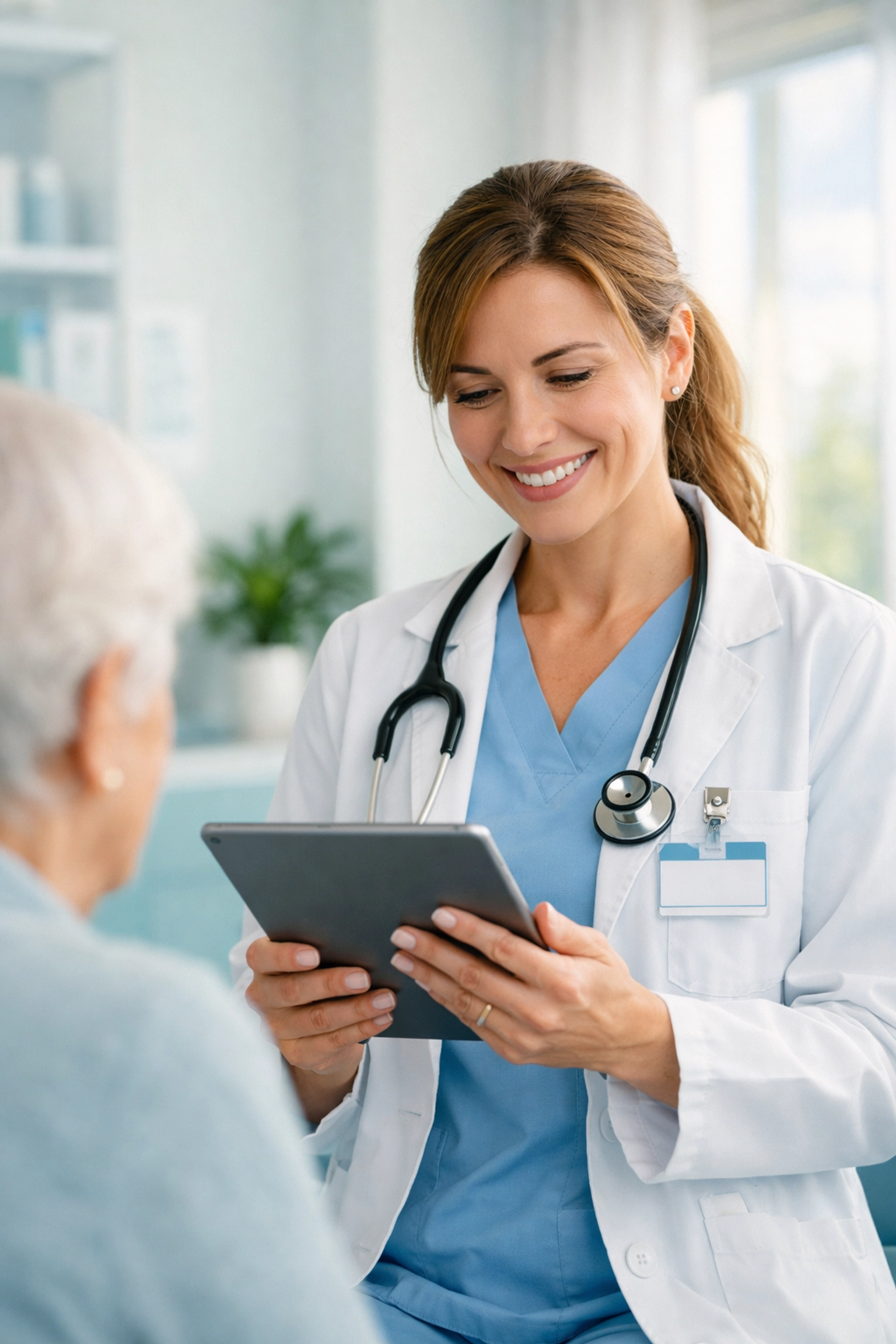 Nurse practitioner using AI clinical documentation on a tablet to finalize notes during a patient encounter.