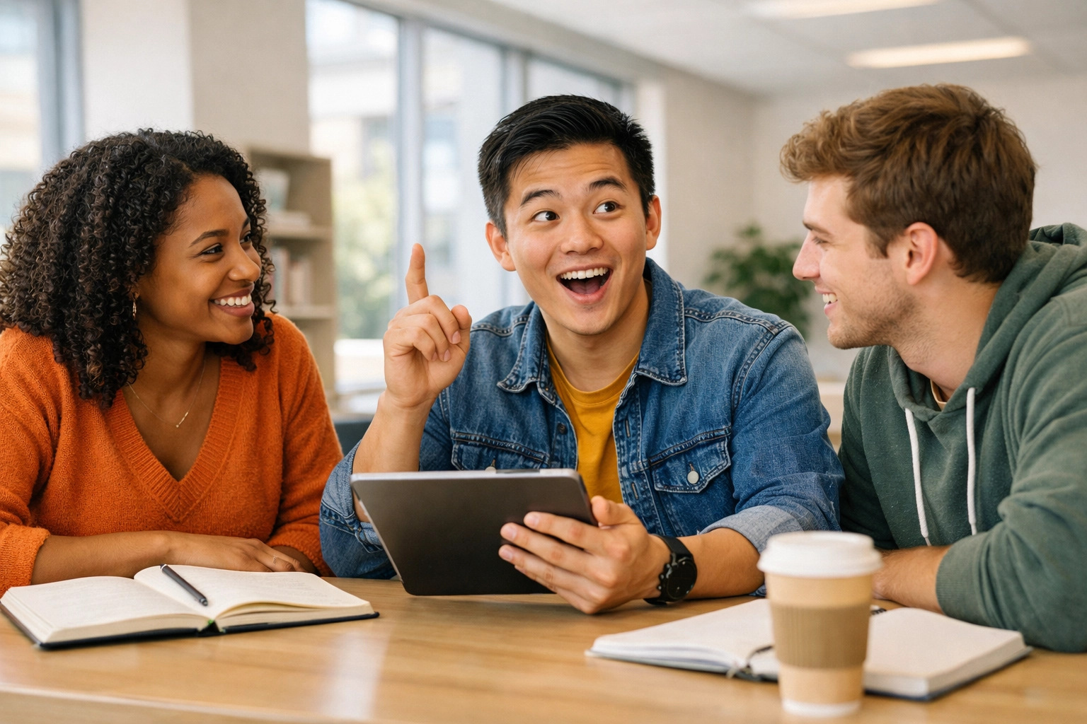 Motivated students discussing advanced SAT study techniques in a bright, modern learning space.
