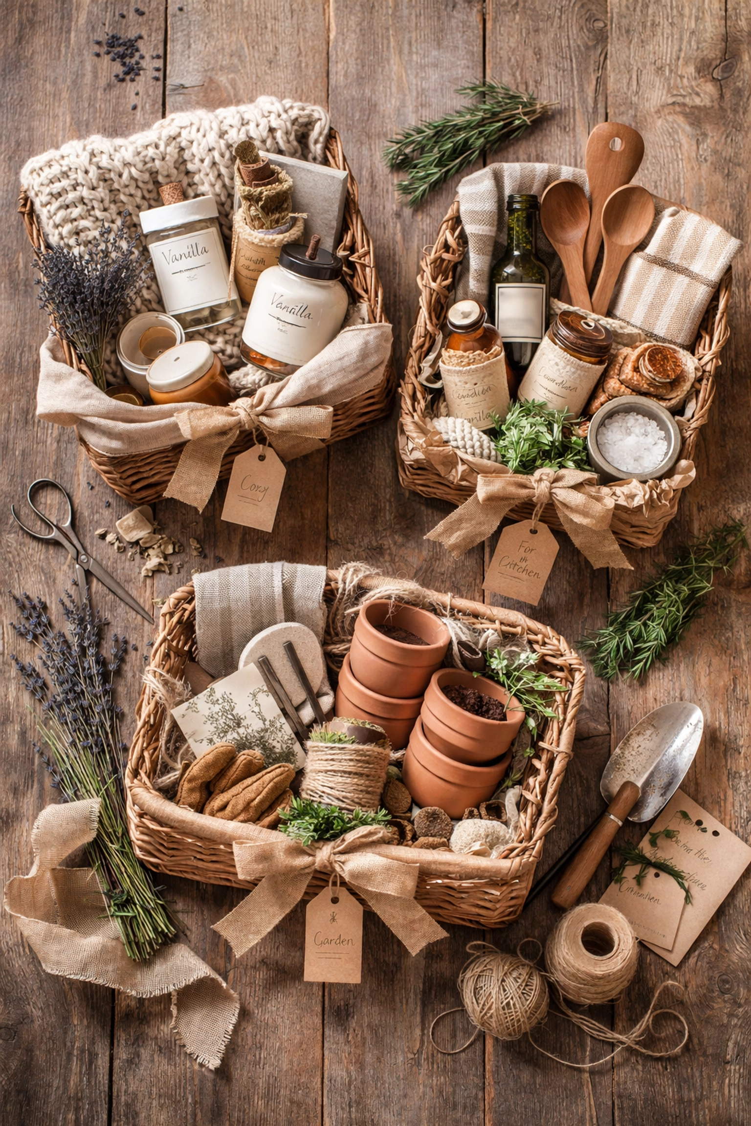 Three curated gift baskets with cozy textiles, kitchen items, and gardening accessories on a rustic wood surface.