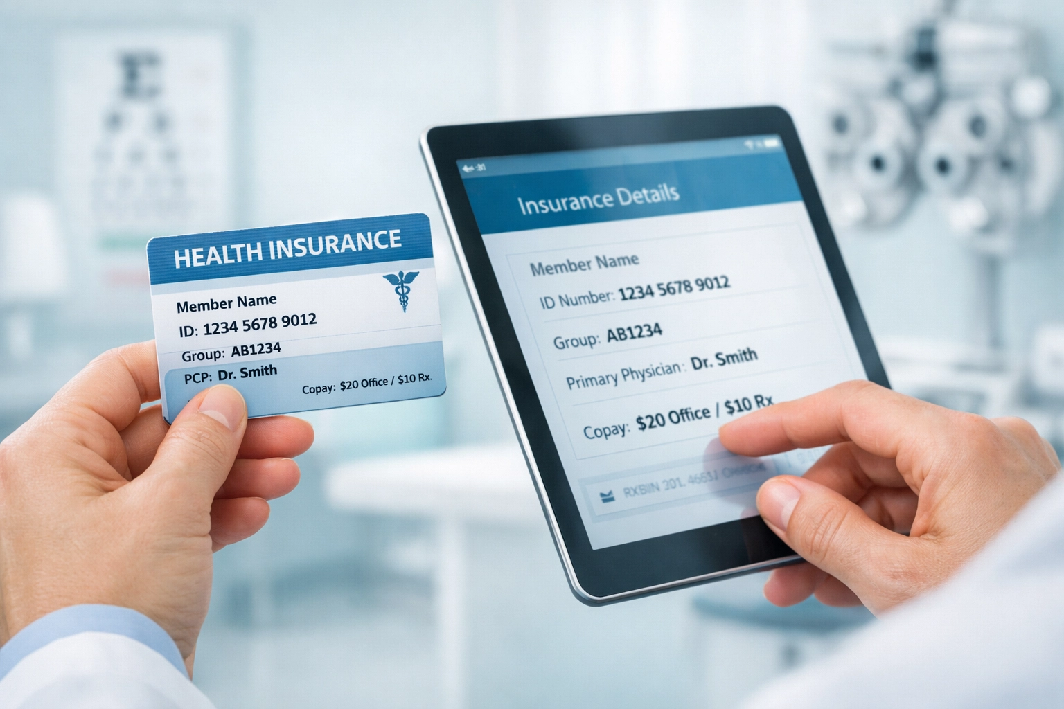 Optometry office administrator verifying patient insurance card on a tablet for accurate billing services.
