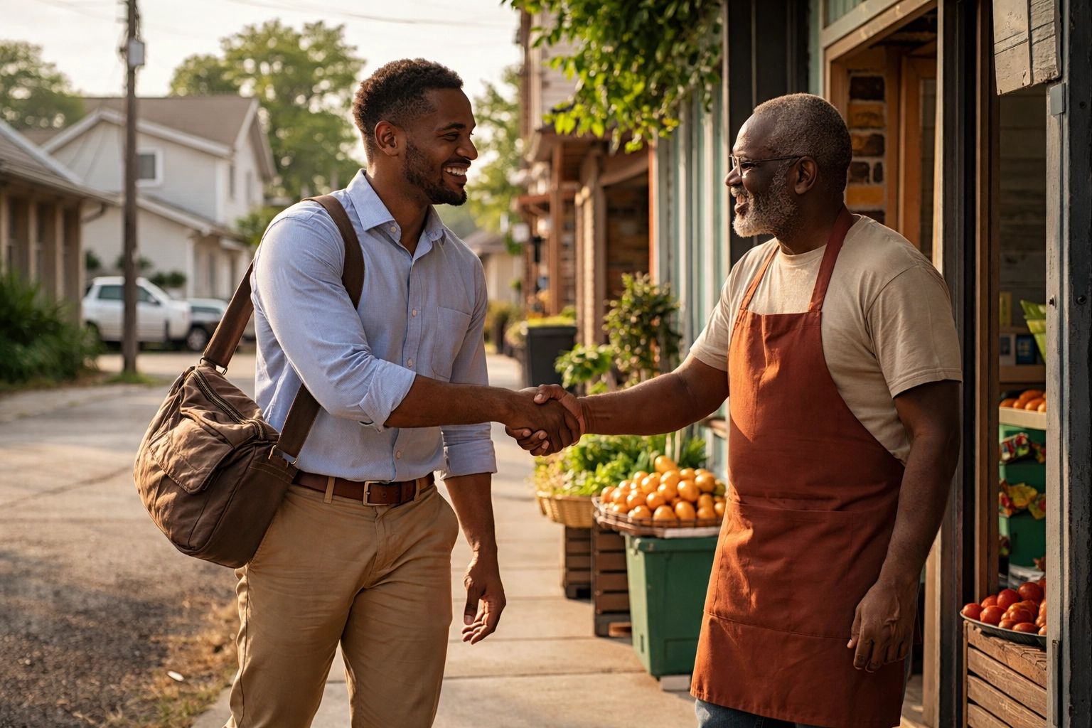 A Black man greets a neighborhood shop owner, representing ongoing local relationships and sustainable development.