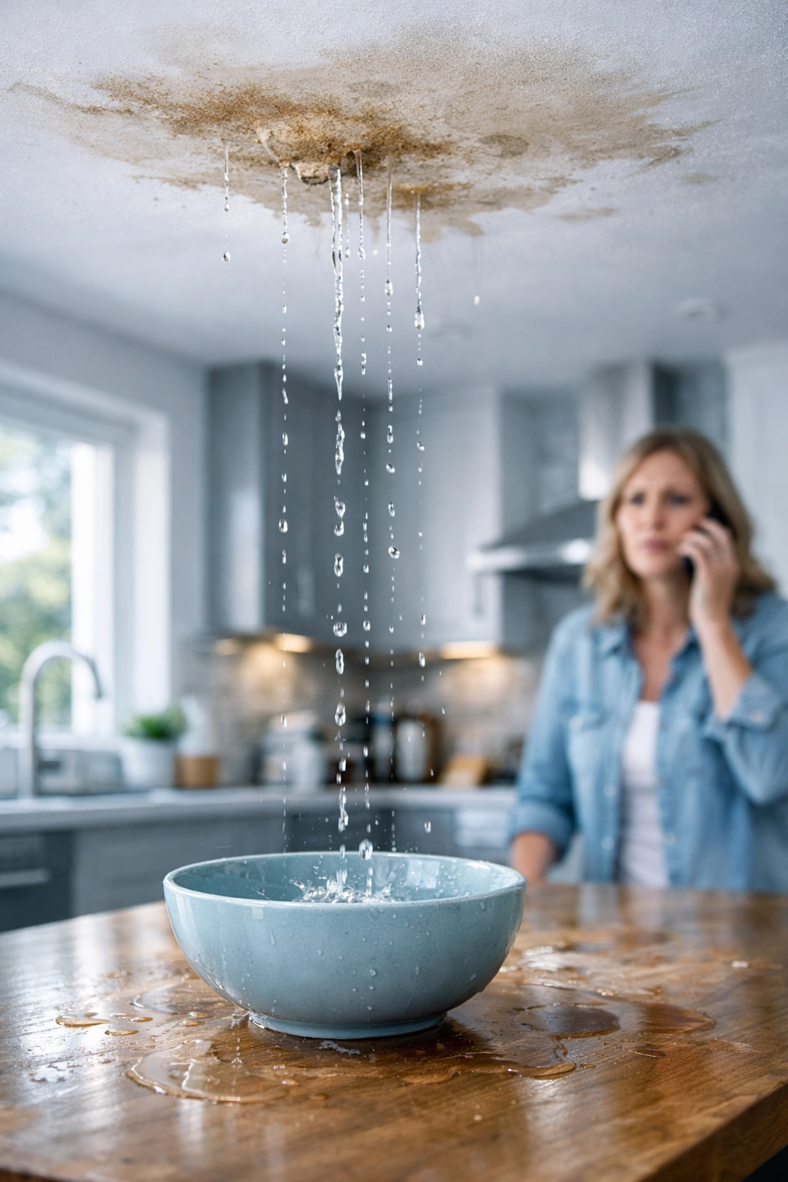 Water dripping from damaged ceiling showing consequences of delayed roof repairs