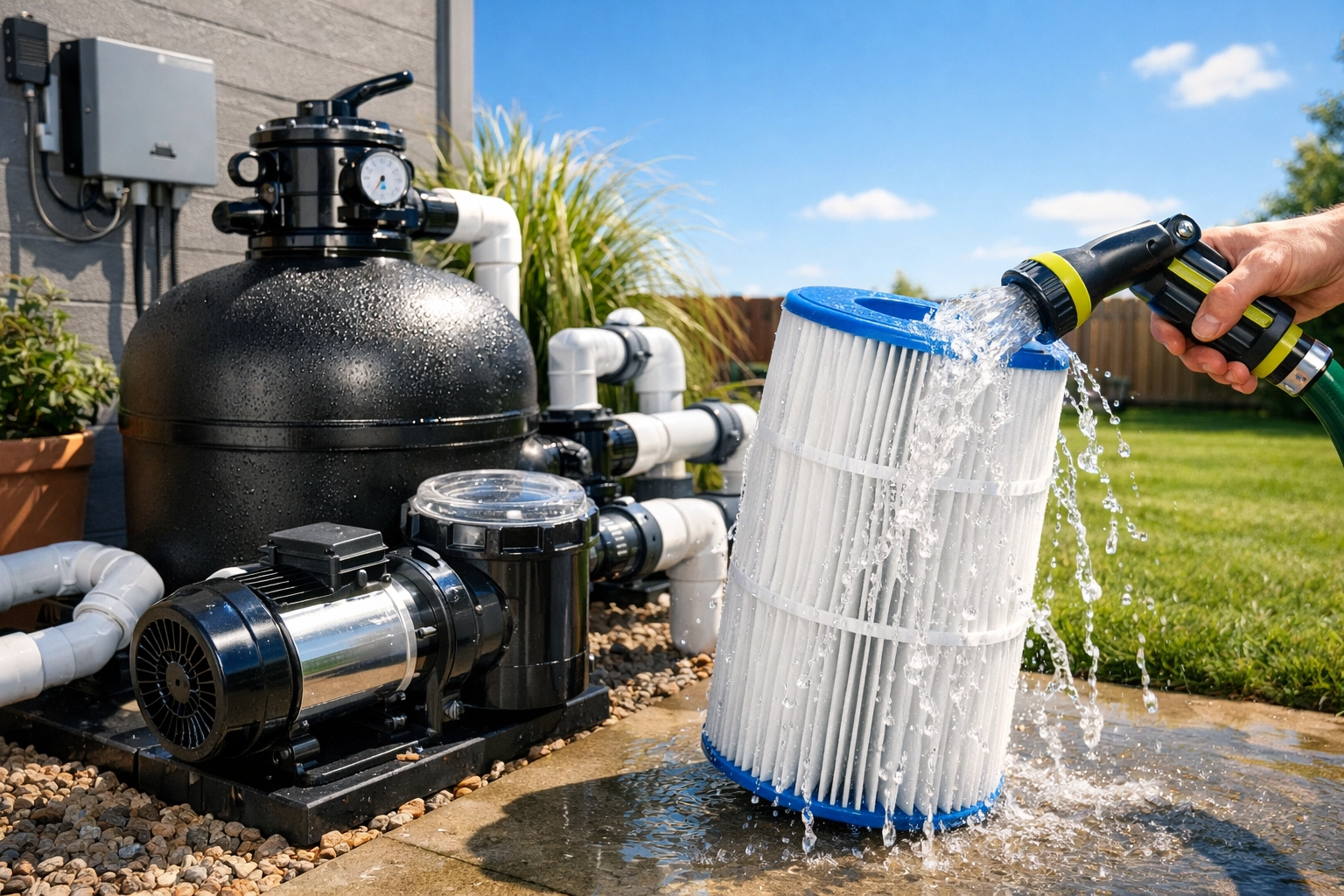 Rinsing a pool filter cartridge with a hose during a routine pool cleaning service.
