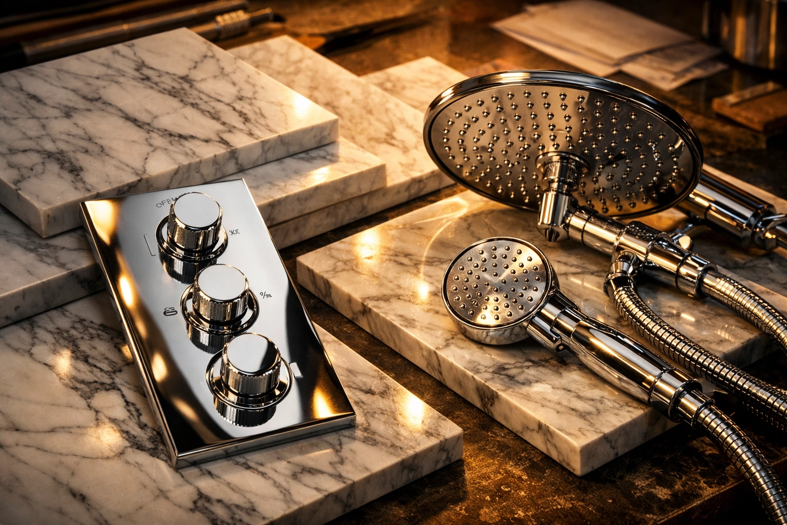 Close-up of premium chrome shower valves and Carrara marble tiles for a high-end bathroom renovation.