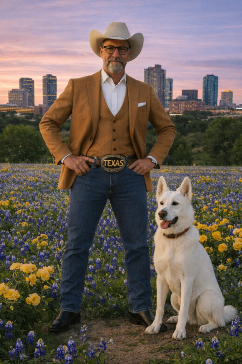 Cowboy Timothy stands confidently in a field of bluebonnets and yellow roses with Ghost by his side, city skyline of Fort Worth in the background, symbolizing local, trustworthy financial protection for Texas families.