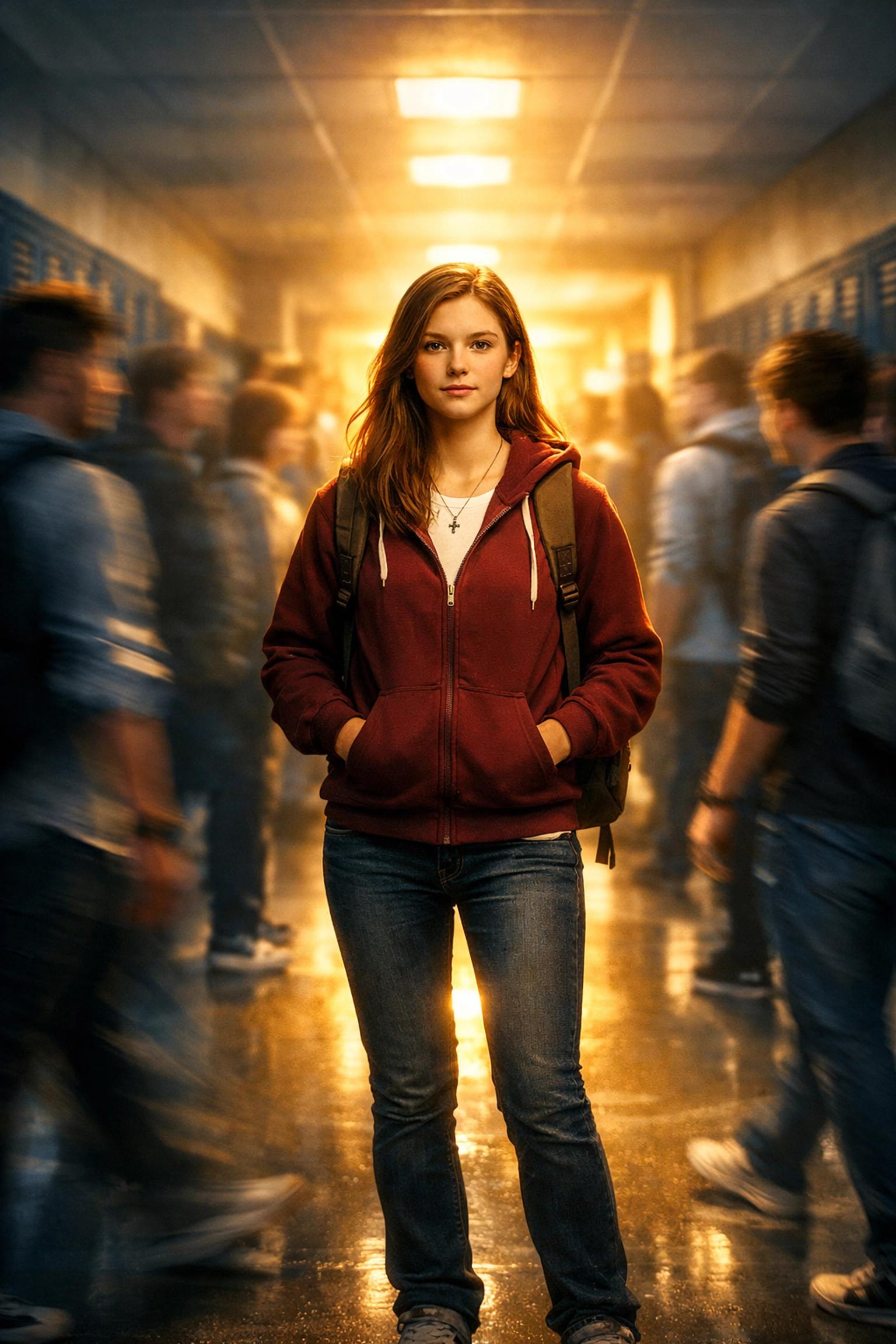 Teenage girl standing confidently in a busy hallway, symbolizing her identity in Christ amidst social pressure.