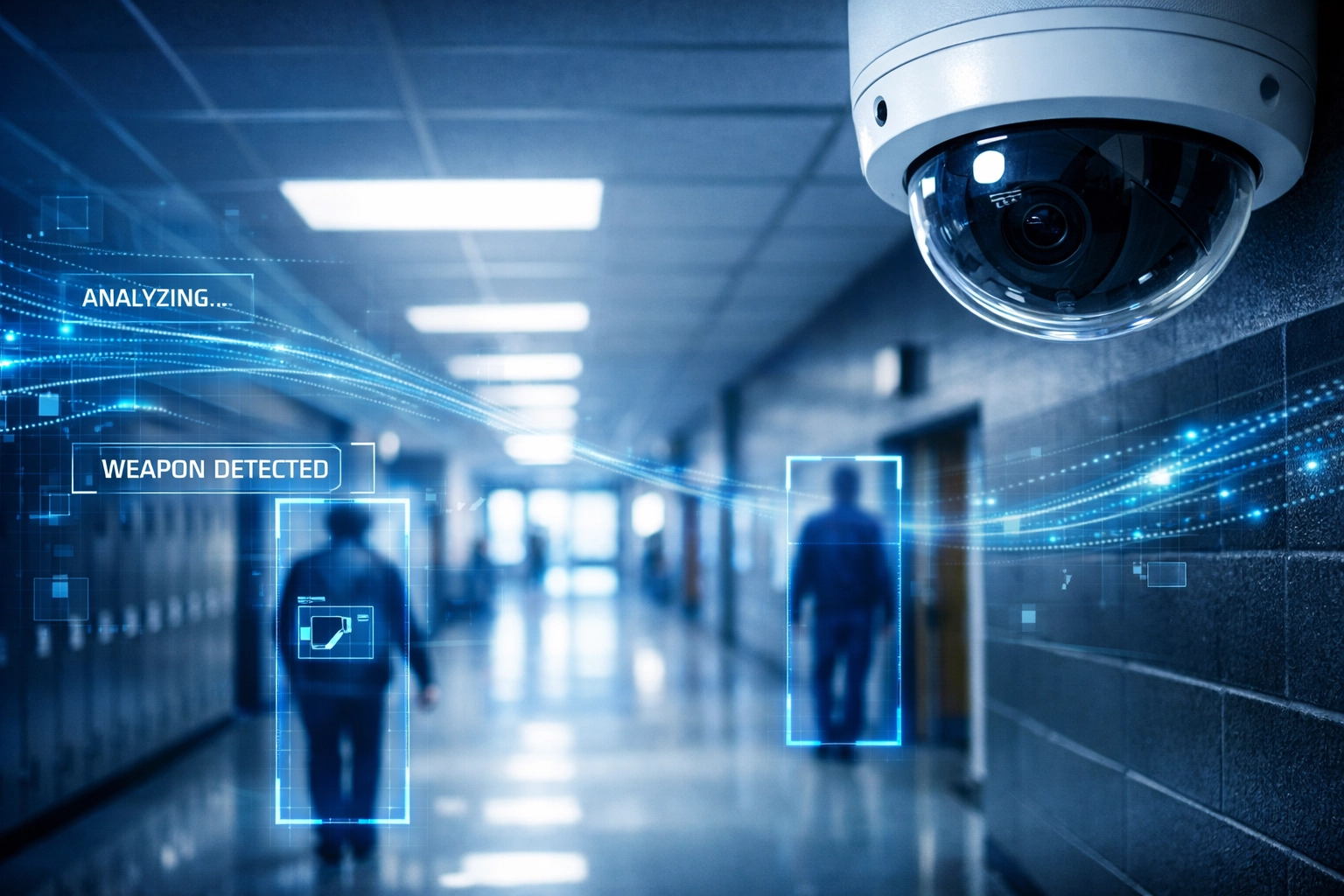 Smart surveillance camera in a Genesee County building featuring AI-driven behavioral detection for public safety.