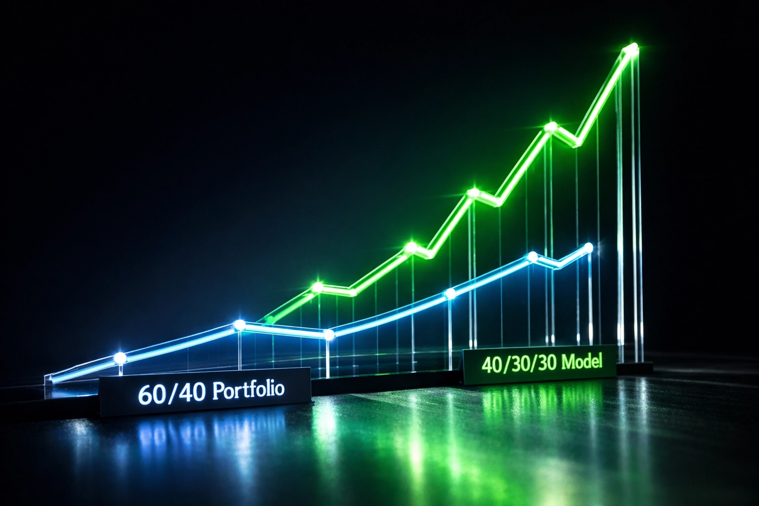 Performance comparison graph showing 40/30/30 portfolio outperforming traditional 60/40 model