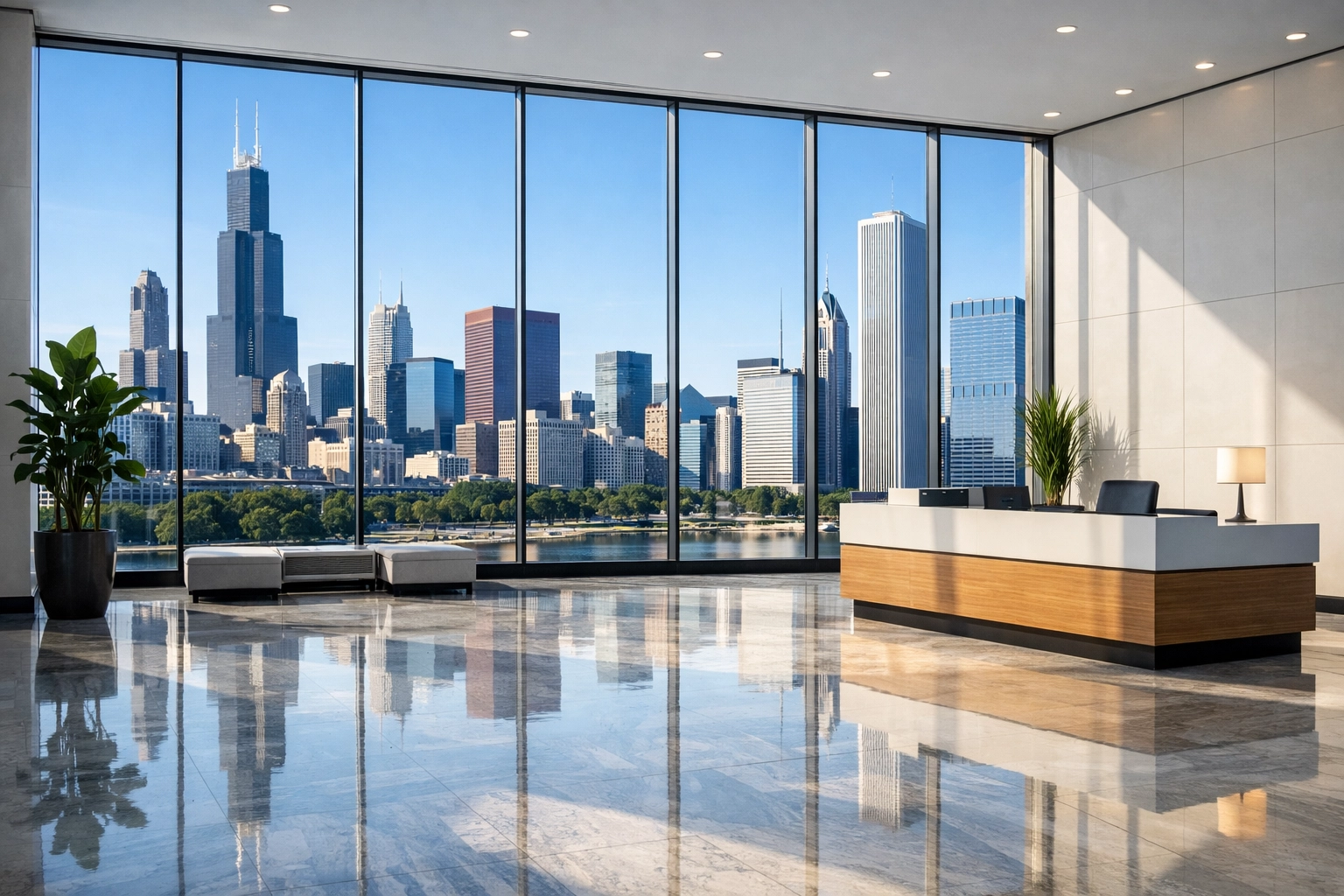 Sleek Midwestern corporate lobby with polished marble floors and city skyline views.