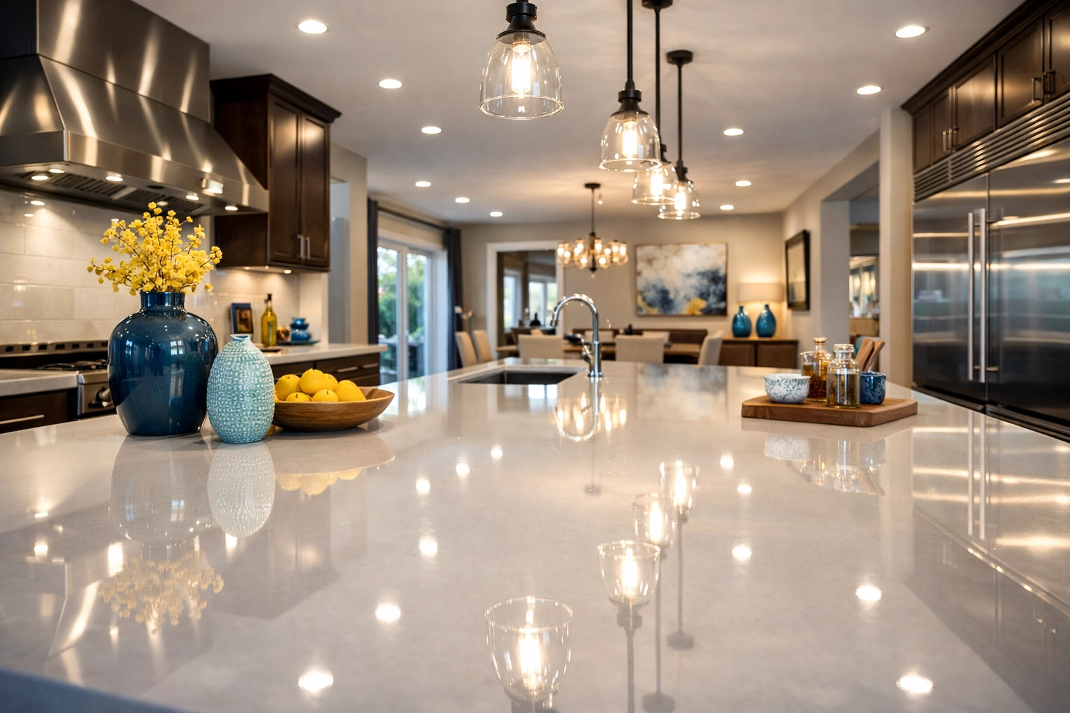 A sparkling clean kitchen with shining countertops after a deep clean from reliable cleaning services near me.