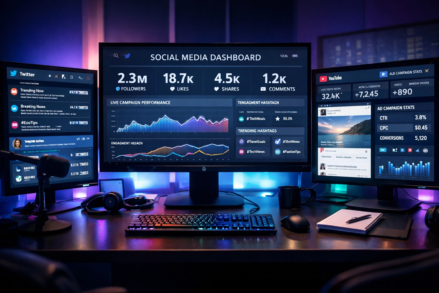 Digital command center monitoring real-time social media campaign analytics and engagement metrics