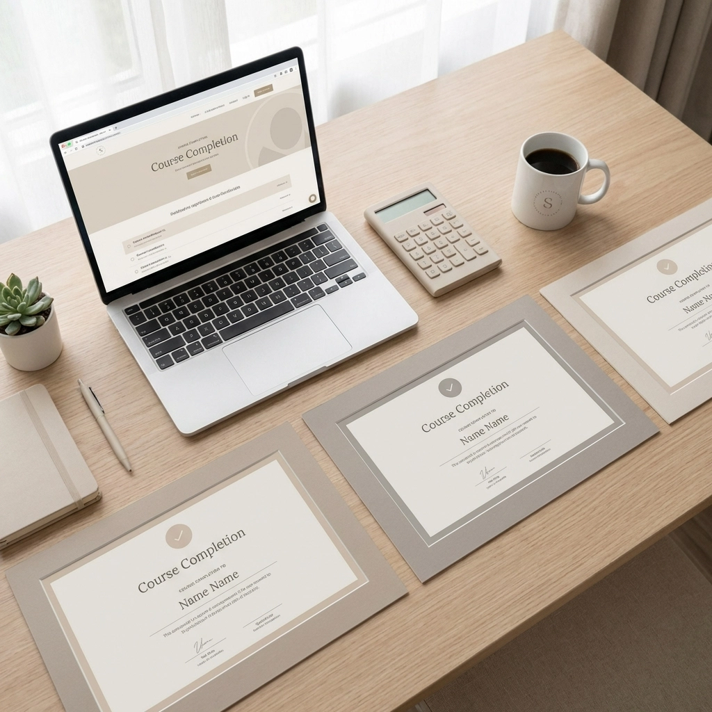 Organized workspace with course certificates, laptop, calculator, and coffee symbolizing tax preparer credentials