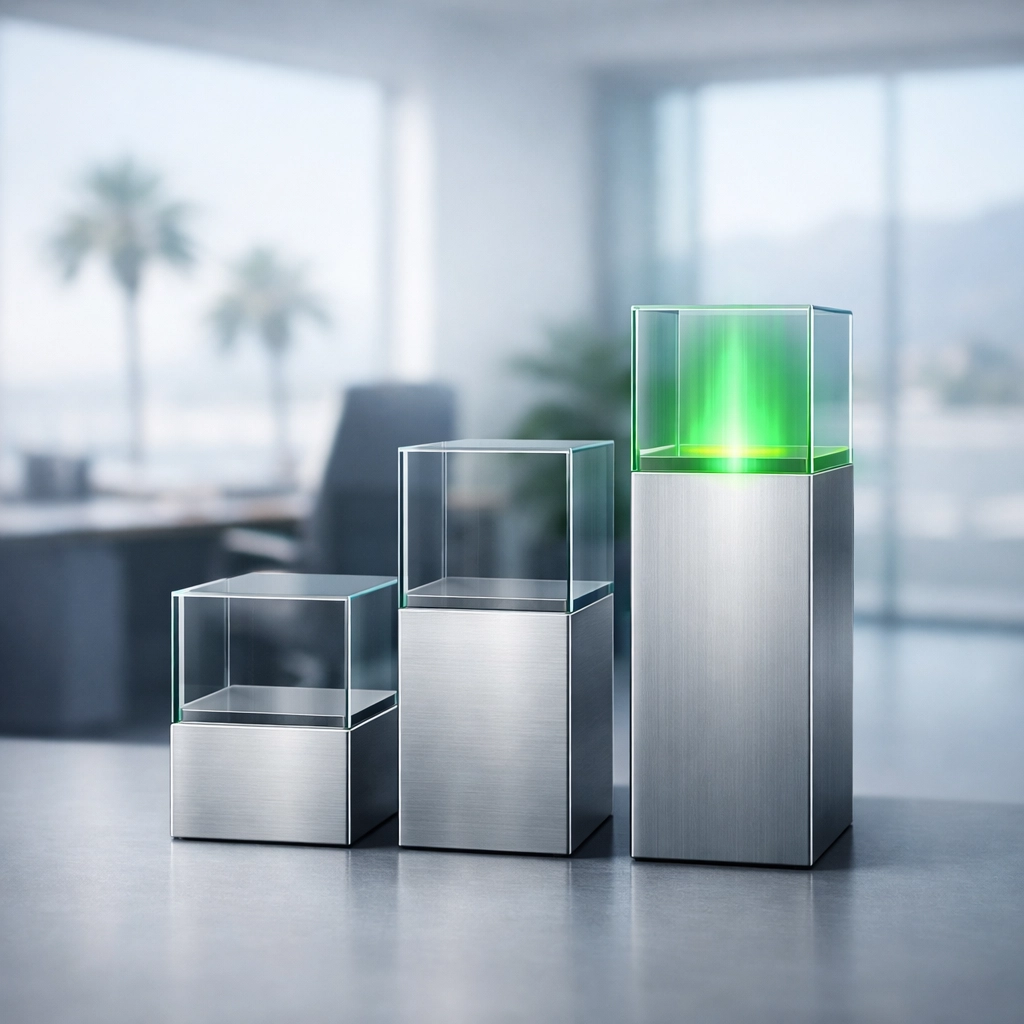 Three modern pedestals representing the levels of CMMC 2.0 compliance for Santa Barbara contractors.