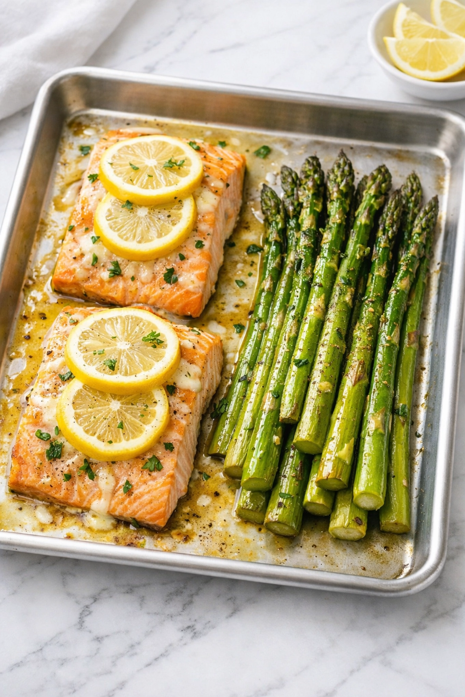 12 One-Pan Wonders for Easy Cleanup Sheet pan lemon butter salmon and asparagus, a healthy 5-ingredient meal for easy cleanup.