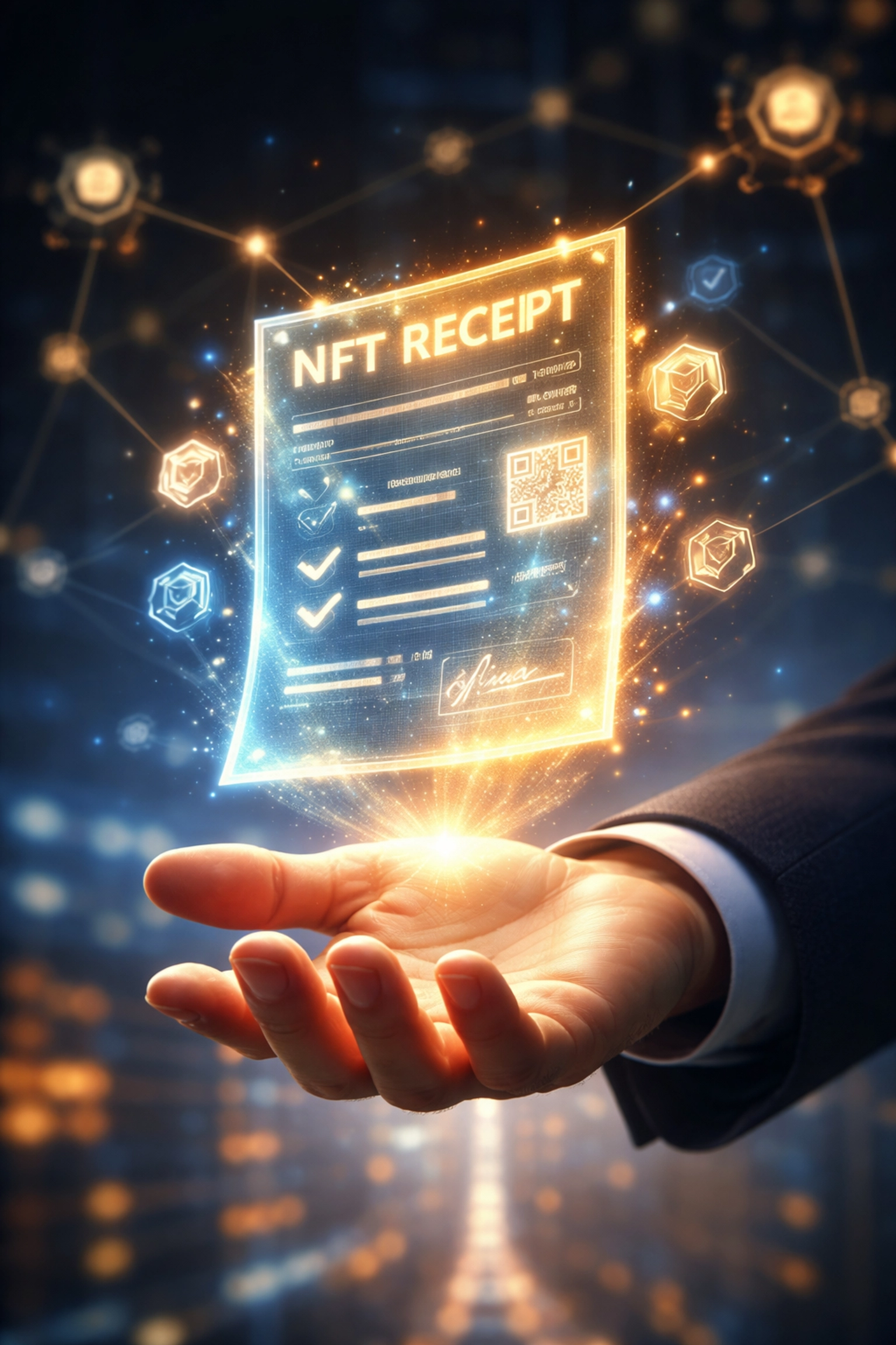 A glowing NFT receipt floats above a hand, illustrating Larecoin's blockchain receipts for automated crypto tax documentation.