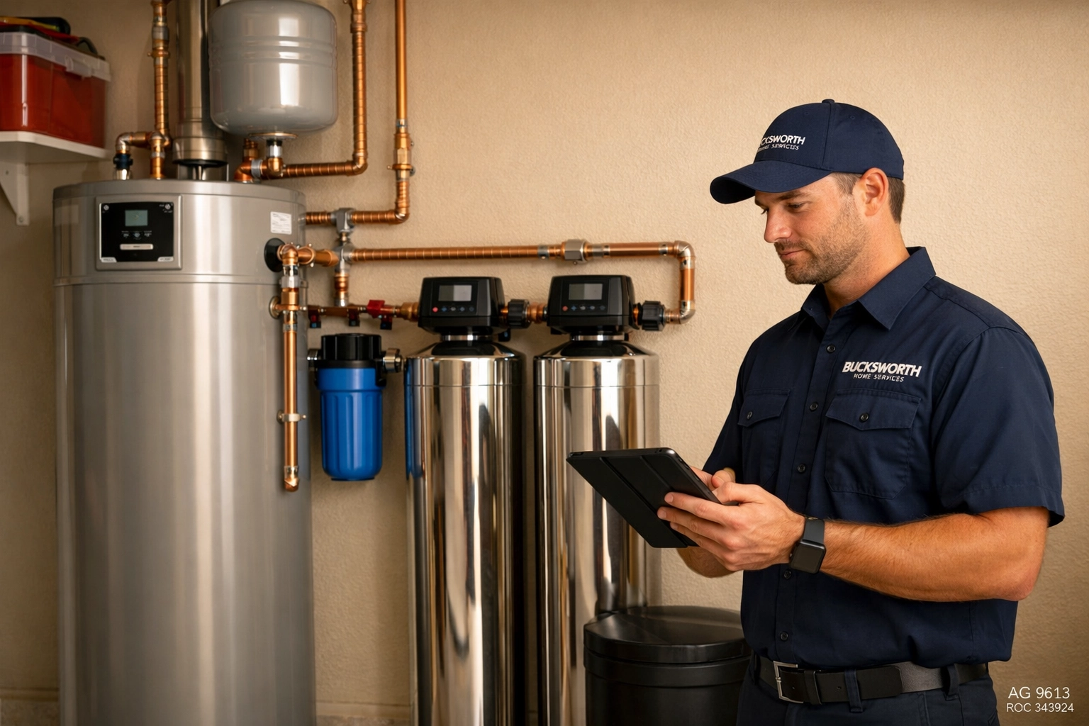 Bucksworth technician performing a professional plumbing inspection on a water heater in a Gilbert home.
