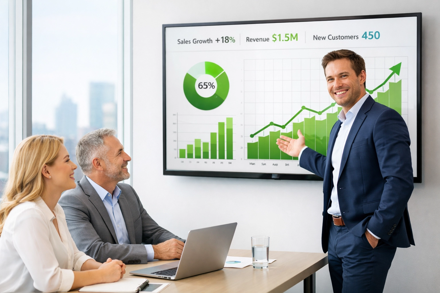 Corporate team analyzing ServiceNow license audit results and ROI growth on a digital screen.