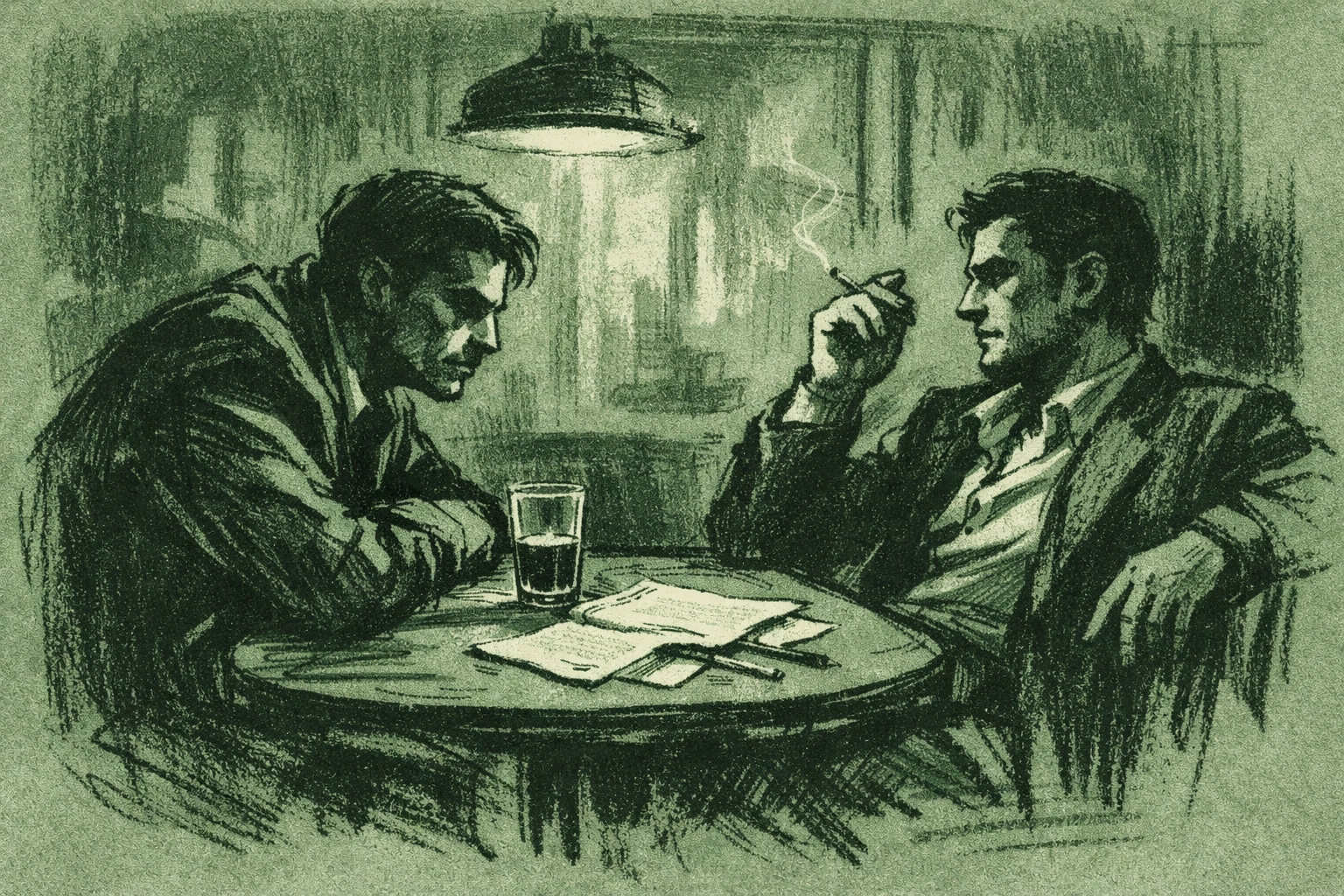 Two men in tense confrontation at cafe table - dark gay psychological thriller noir scene