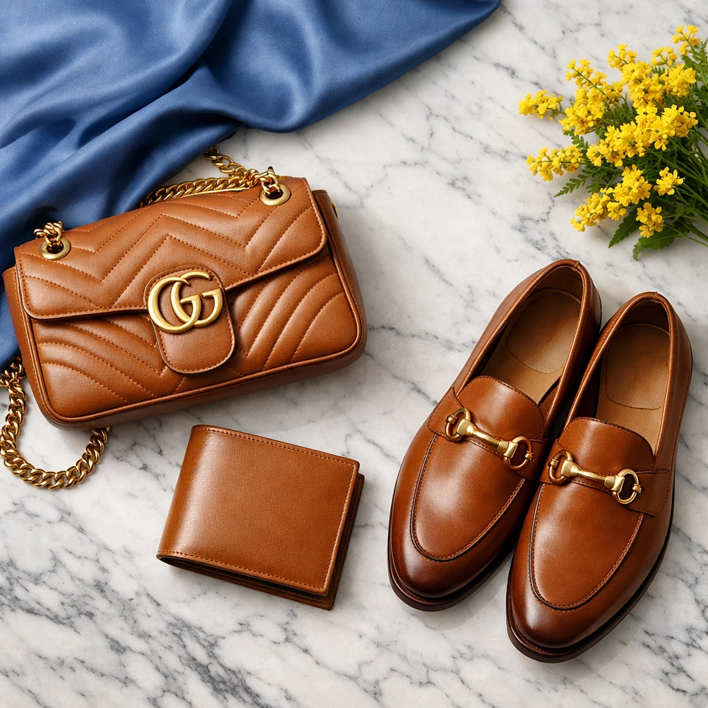 Well-maintained leather handbag, wallet, and shoes showing a natural shine from eco-friendly polishing.