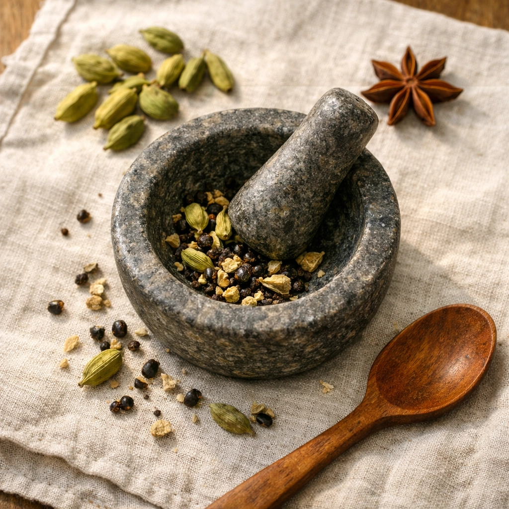 Crushed green cardamom seeds in a stone mortar for savory recipes and aromatic biryani.
