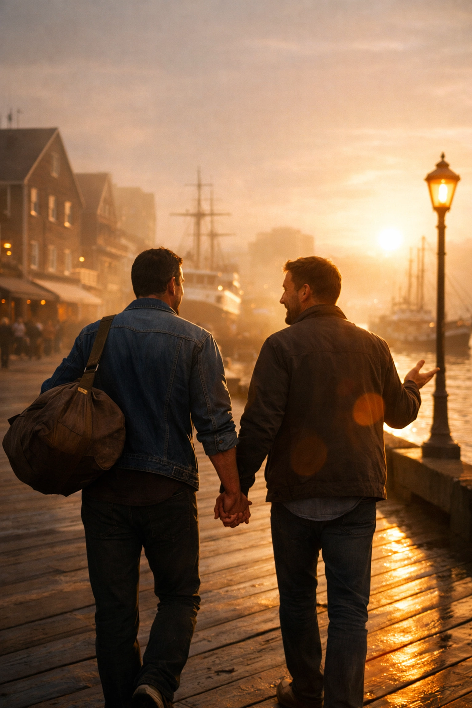 Gay couple holding hands walking Halifax Waterfront Boardwalk at sunset