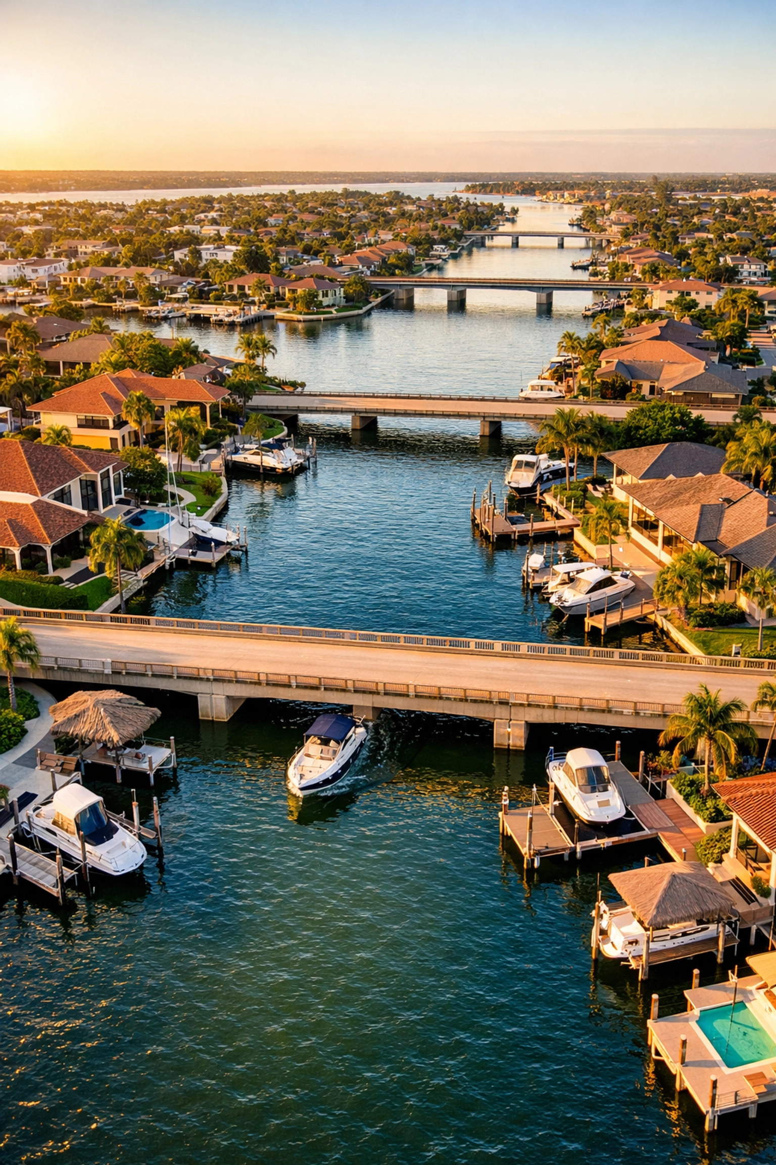 Aerial view of Cape Coral canals with bridges and waterfront homes showing boat access routes