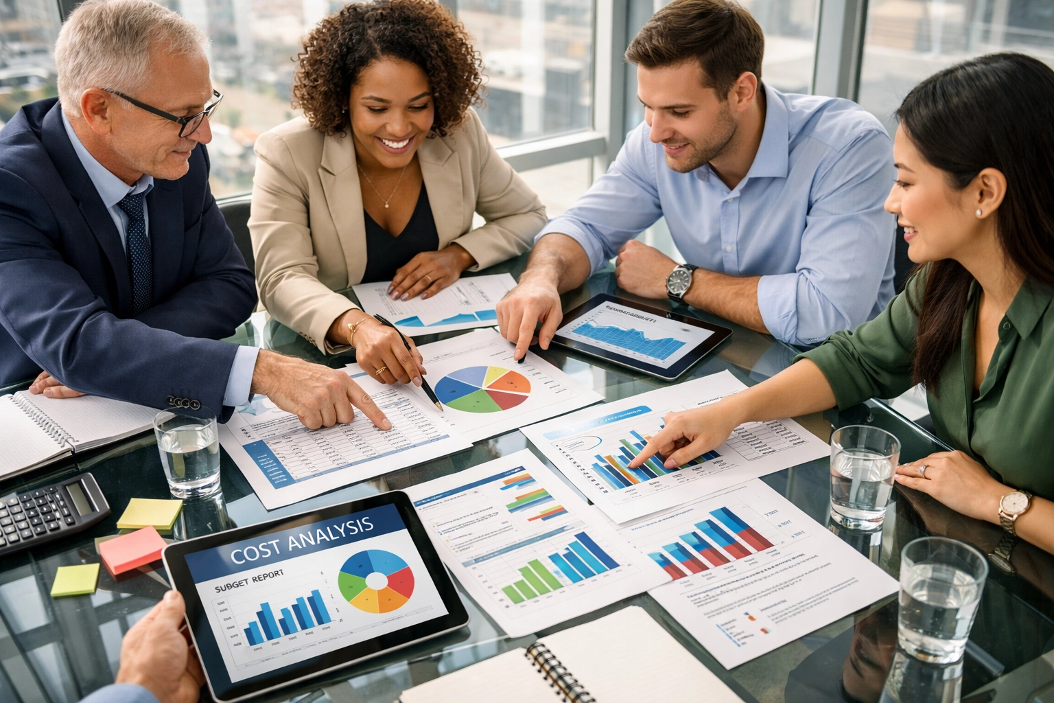 Business team reviewing ServiceNow implementation costs and budget planning with financial charts