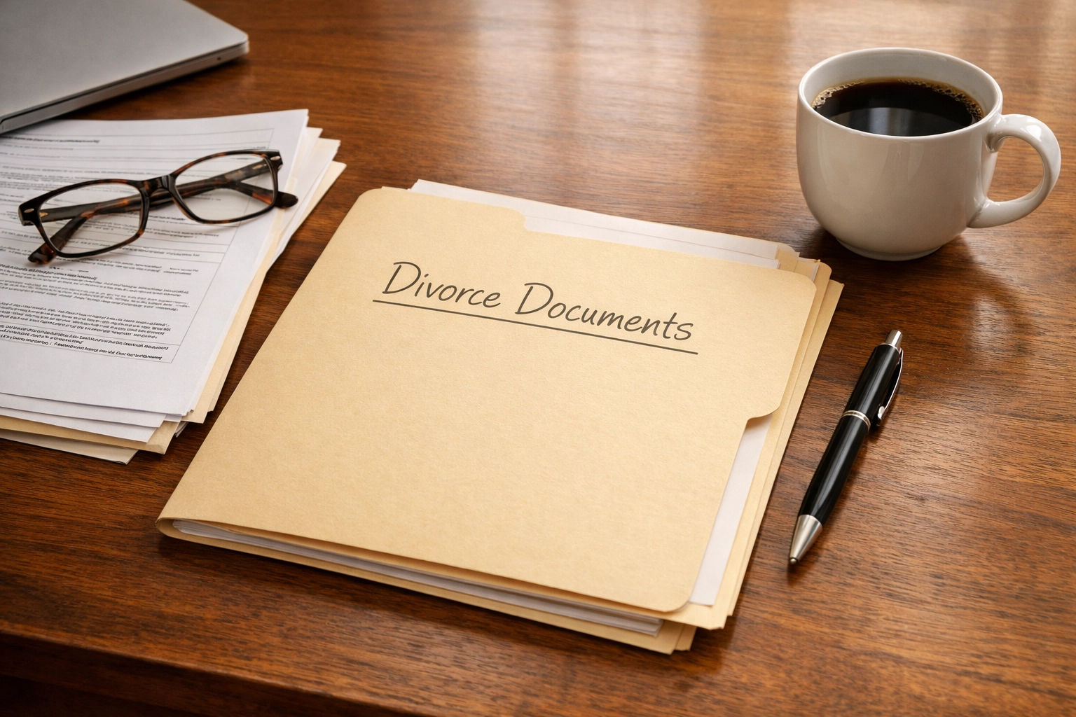 Organized divorce documents and paperwork on desk for Spotsylvania Divorce Lawyer case preparation