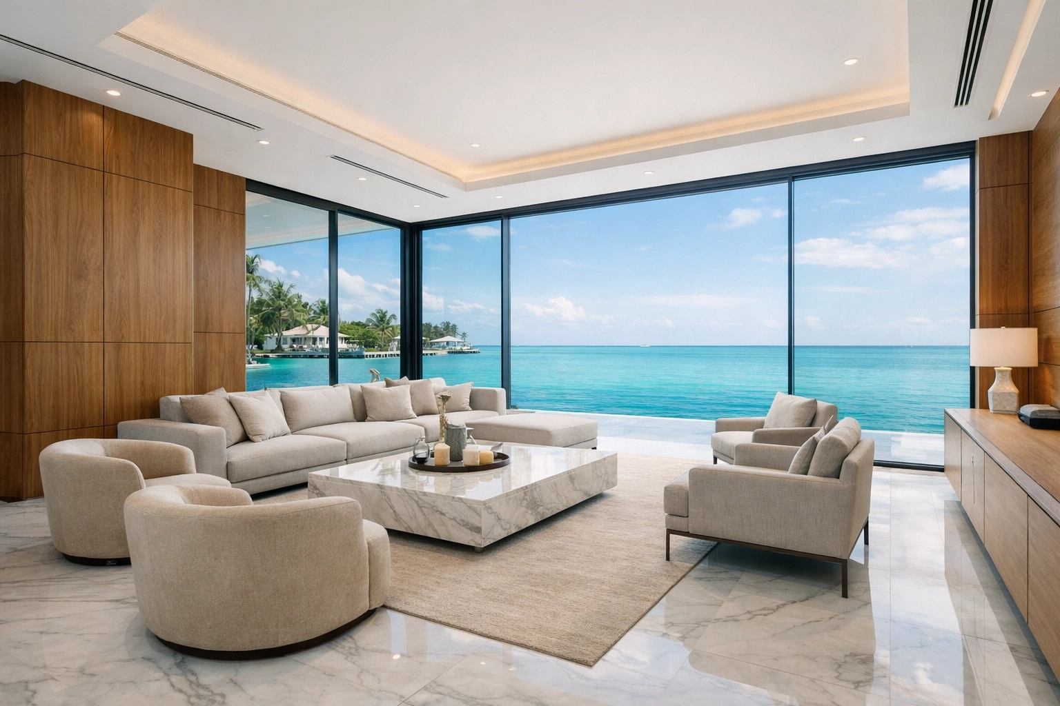 Finished luxury waterfront interior showcasing high-quality craftsmanship from a South Florida construction company.