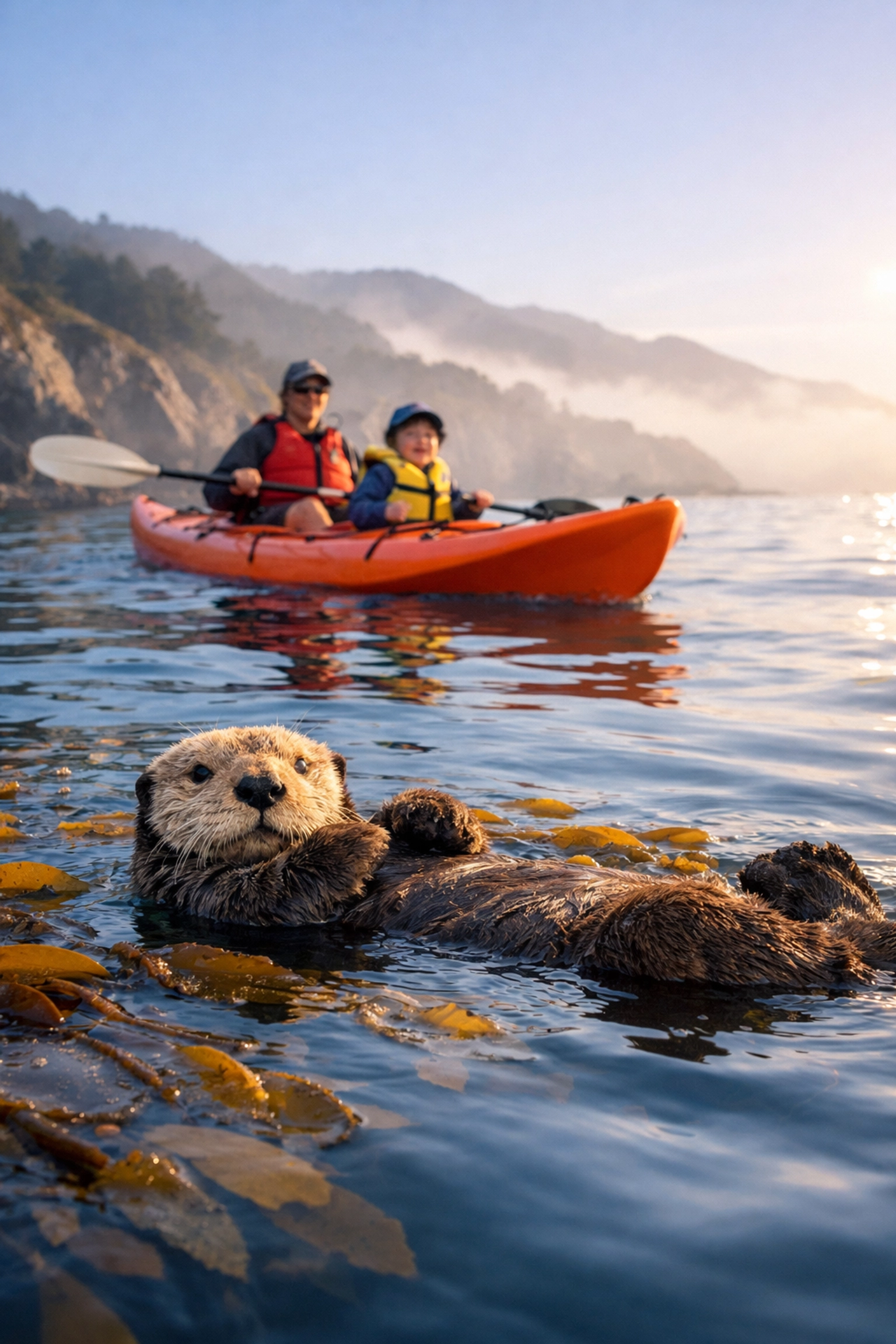 Parent and child kayaking in Monterey Bay near a sea otter, using waterproof gear for family travel photography.