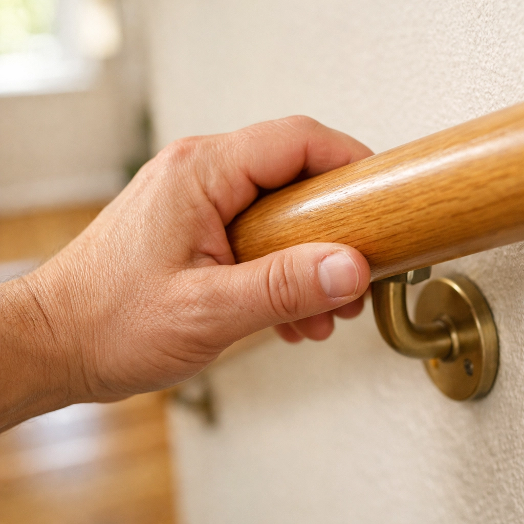 Close-up of a hand firmly gripping a secure wooden stair handrail for stability and fall prevention.
