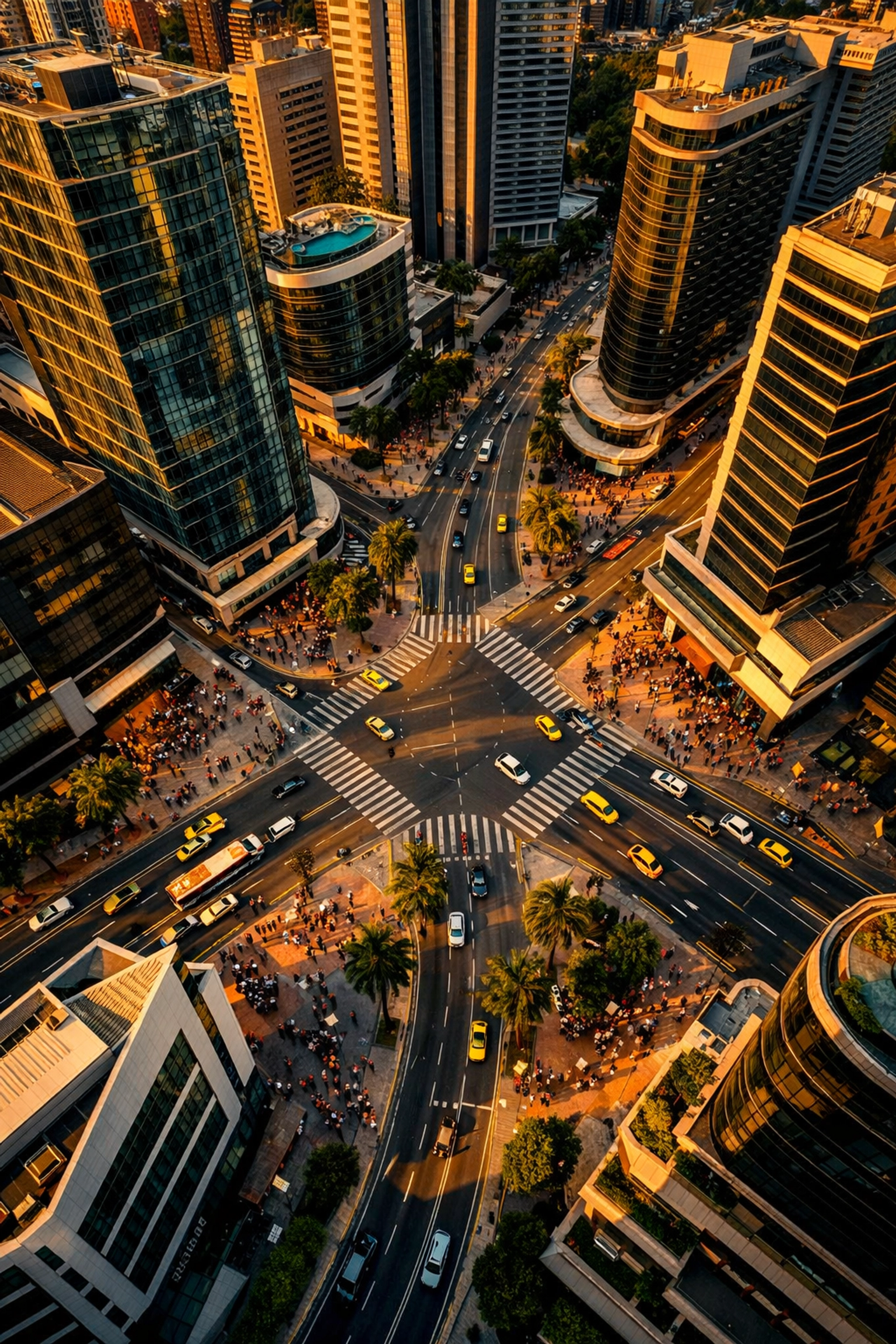 Aerial view of El Poblado financial district with corporate towers and busy streets